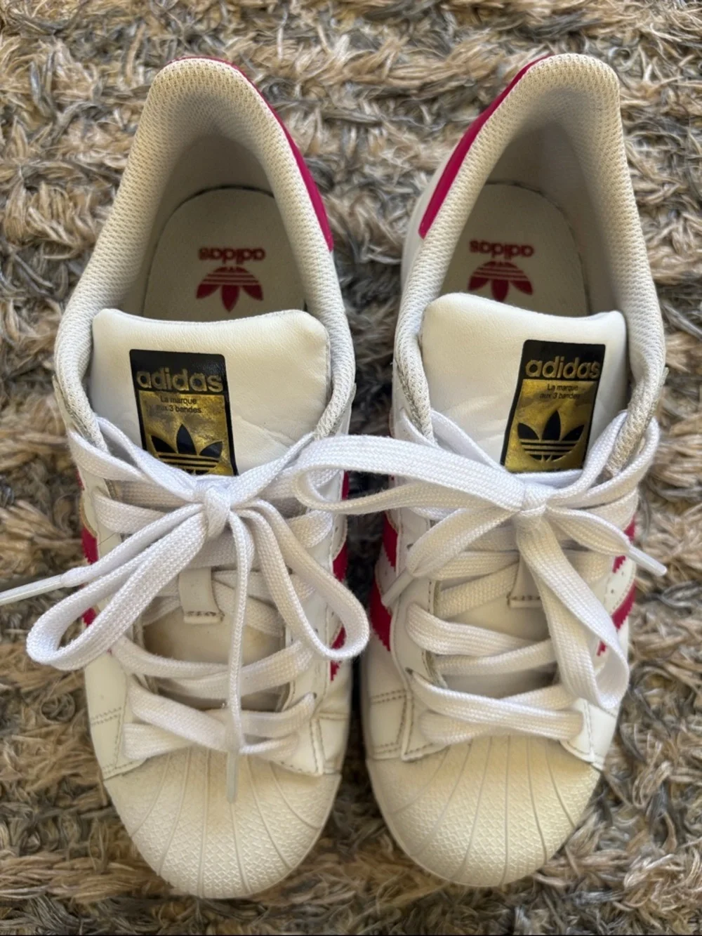 Adidas Superstar White Sneakers with Pink Stripes Fit Women’s 6